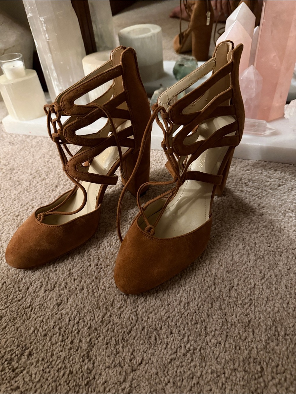Marc Fisher Tan Suede Lace-Up Cutout Heels